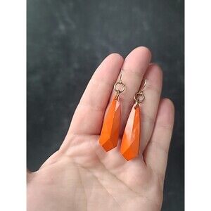 Orange And Gold Tone Metal Dangling Pierced Earrings Vintage Costume Jewelry